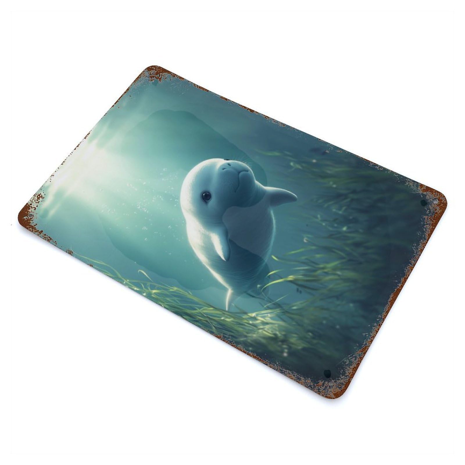 Cute Baby Dugong Whale Rusty Metal Tin Sign 11.8"x7.9", Industrial Home Decor for Garage, Pub Or Kitchen