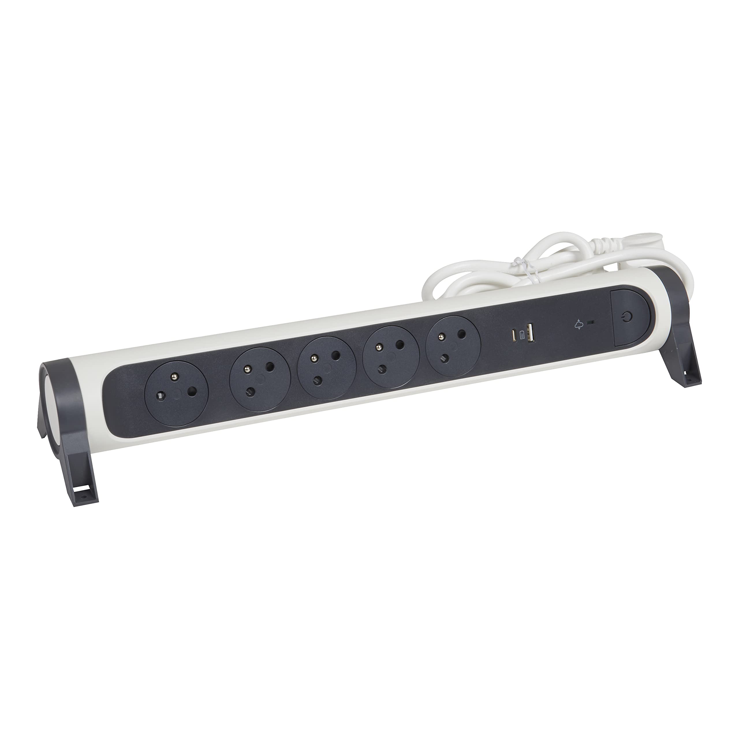 Legrand - Steckdosenleiste drehbar mit 5 Steckdosen, Oberfläche, Überspannungsschutz und USB Type-A+ Typ C - weiß und dunkelgrau