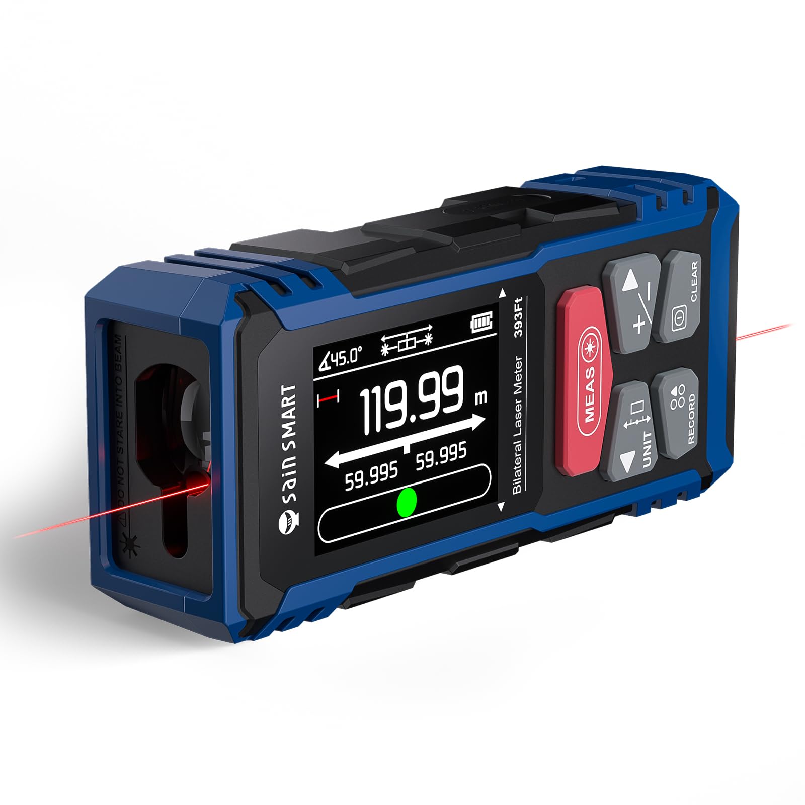 Medidor láser Doble SainSmart, medidor de Distancia Bilateral de 120 m con Pantalla LCD retroiluminada, medidor láser Recargable, Sensor de Longitud, área, Volumen y ángulo