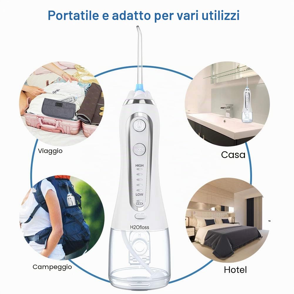Idropulsore Dentale Portatile Professionale - 5 Modalità Irrigatore Orale Ricaricabile, 300 ml di Grande Capacità 6 Ugelli con IPX7 Impermeabile, Per Pulizia Denti Tartaro Bianca