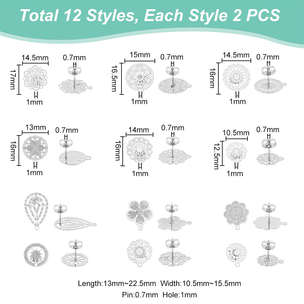 UNICRAFTALE - Fornituras para aretes de Flores Doradas, 304 de Acero Inoxidable, Filigrana, componente de Oreja con Tapones de Mariposa y Bucle, Tuercas de Oreja de 0,7 mm, para Hacer Joyas