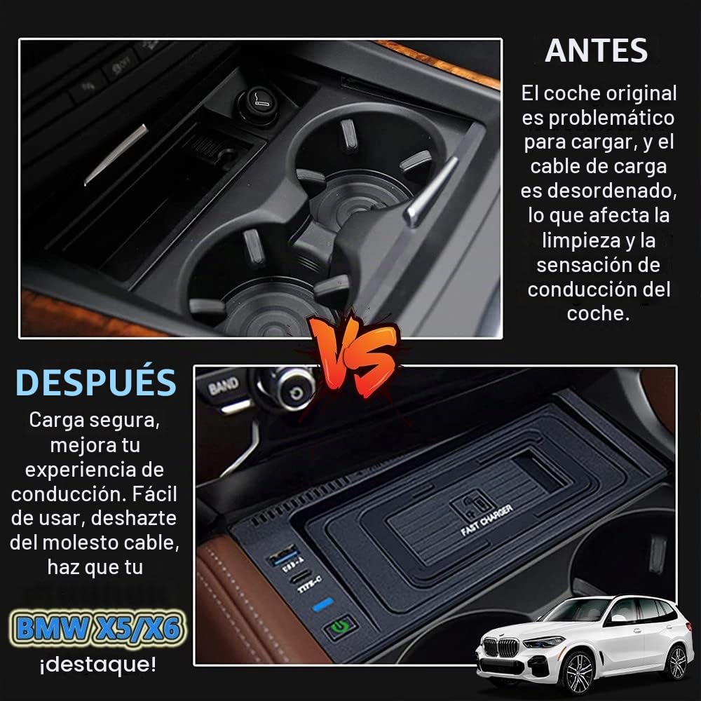Cargador Inalámbrico Coche para BMW X5/X6 2014-2018 Consola Central Accesorio, 15W Carga Rápida Auto Teléfono Cargador para BMW X5 F15 X6 F16 2014-2018, Regalo para BMW Propietarios