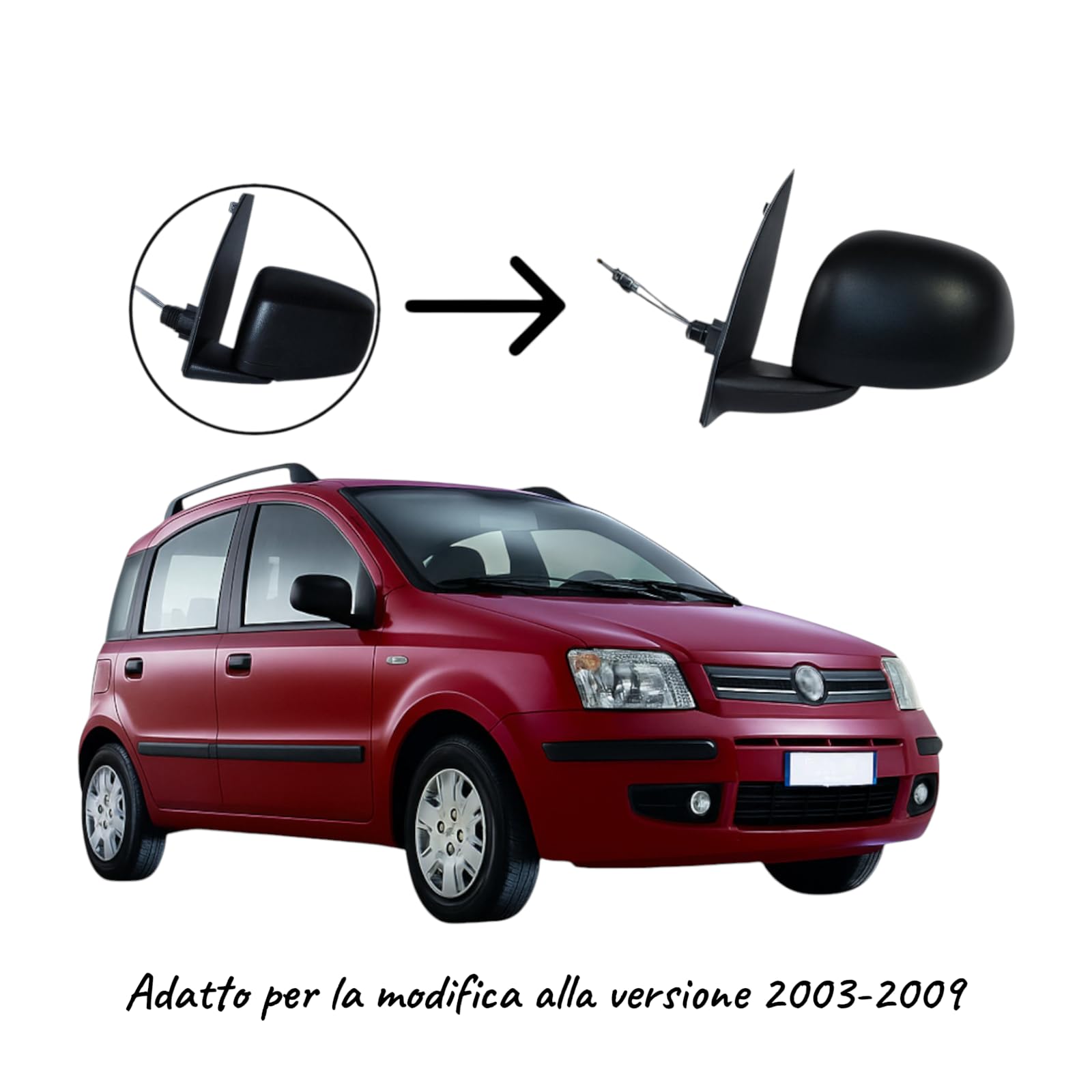 Coppia 2 Specchietti Retrovisore COMPLETI Meccanici NerI per Panda 169 2009-2011 - Compatibile, Non originale, adatti per la modifica da specchi piccoli del modello 2003 a specchi grandi del restyling
