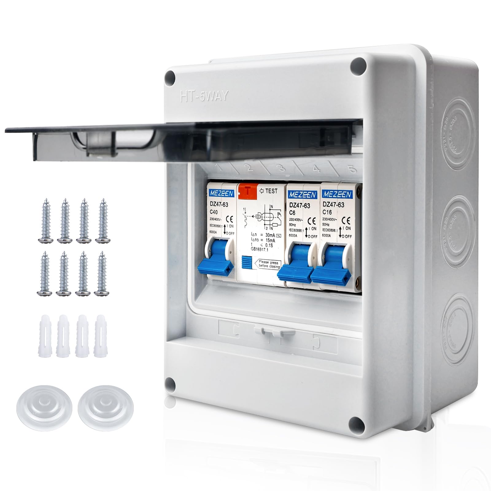 Vegena 2 Way Consumer Unit Circuit Breaker, Circuit Breaker Panel Garage Consumer Unit, IP65 Consumer Unit Anti-Leakage Fuse Box for Garages Caravans Workshops 40A 30mA RCD 6A+16A