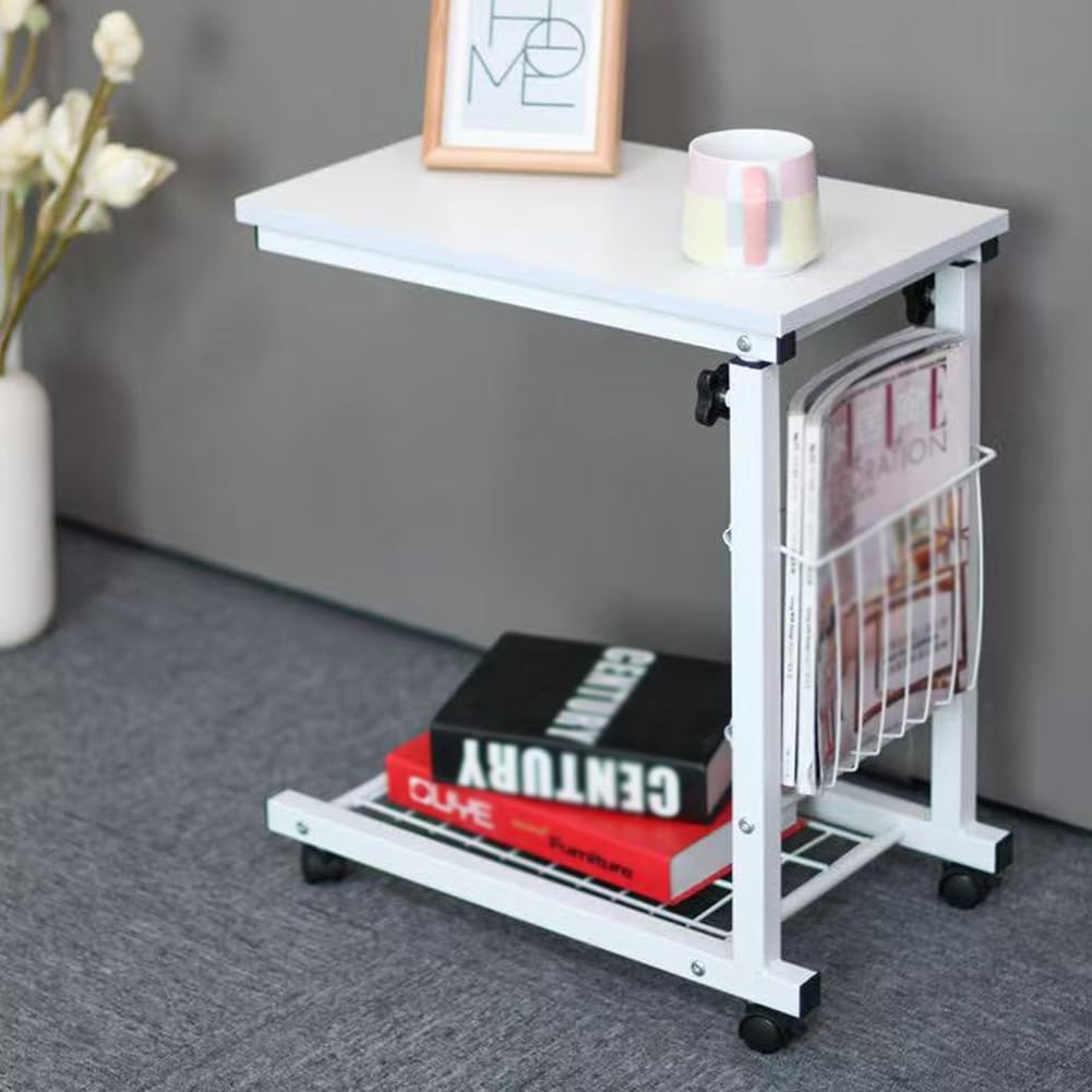 SXZenSpace Portable Adjustable Height C-Shaped Side Table for Couch, Small Rolling End Tables with Lockable Wheels,Snack Storage Space,White