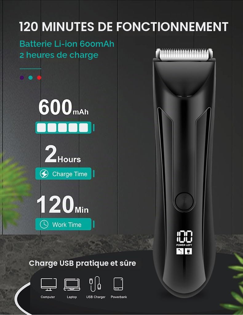 thomyle Le Fidèle - Votre allié idéal pour un rasage intime impeccable Tondeuse Intime 3-en-1 Étanche IPX7 pour Homme - Rasoir Corps, Aisselles et Visage Wet&Dry