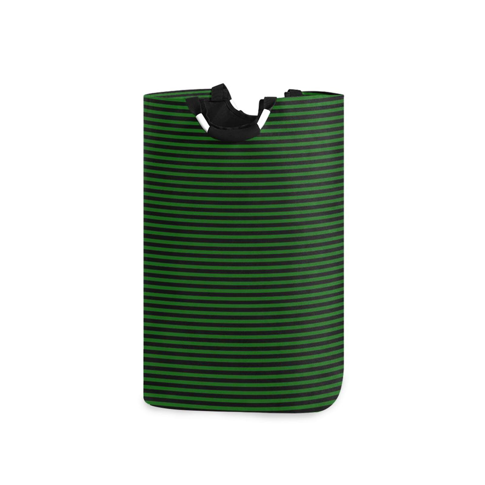 Jihqo Laundry Hamper Basket Green Black Stripes Collapsible Nursery Storage Bin Waterproof Clothing Baskets for Home Bedroom Bathroom Washing Room