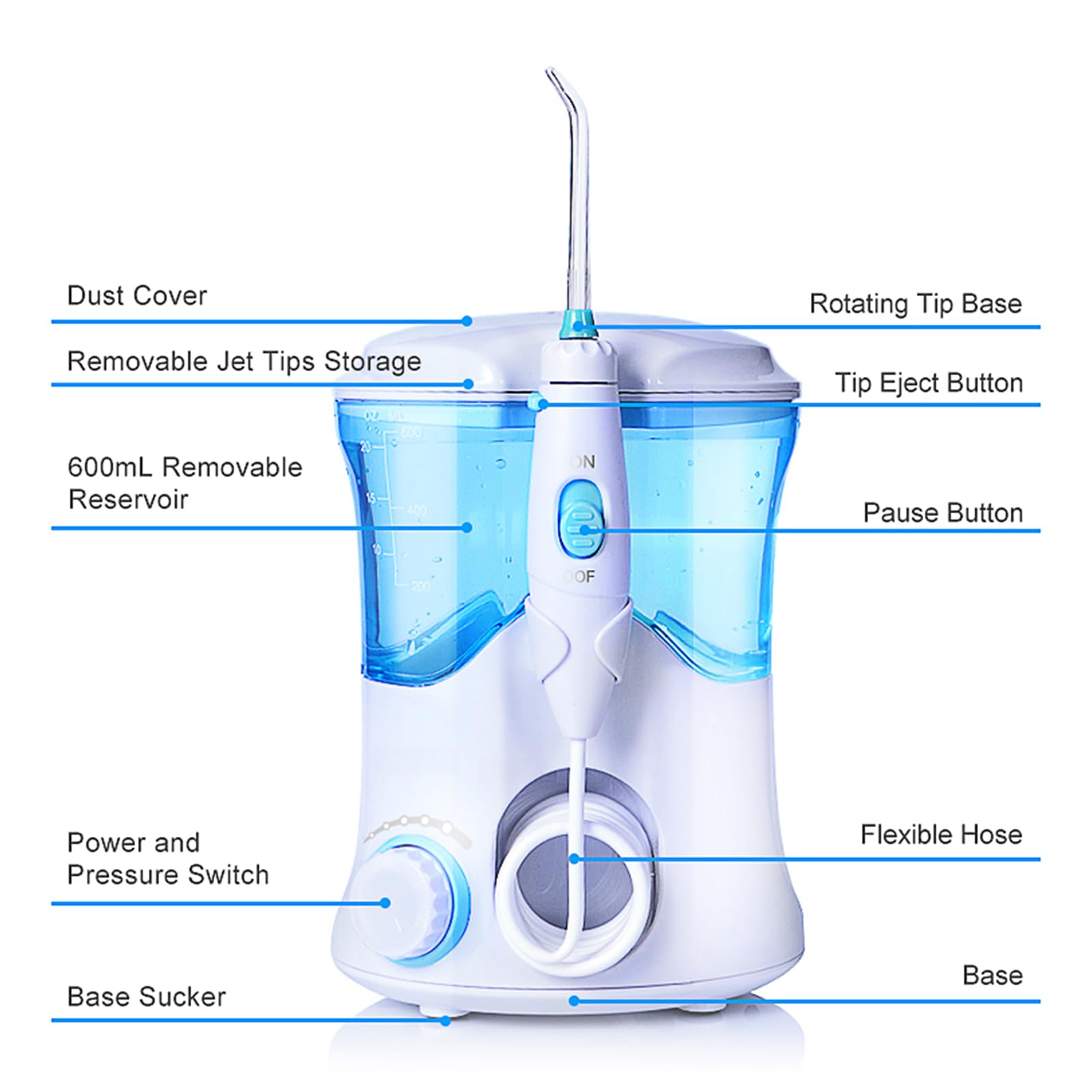 Irrigador oral de escritorio eléctrico con 10 modos Depósito de agua 600 ml 7 puntas de chorro reemplazables Limpiador de dientes para limpieza dental