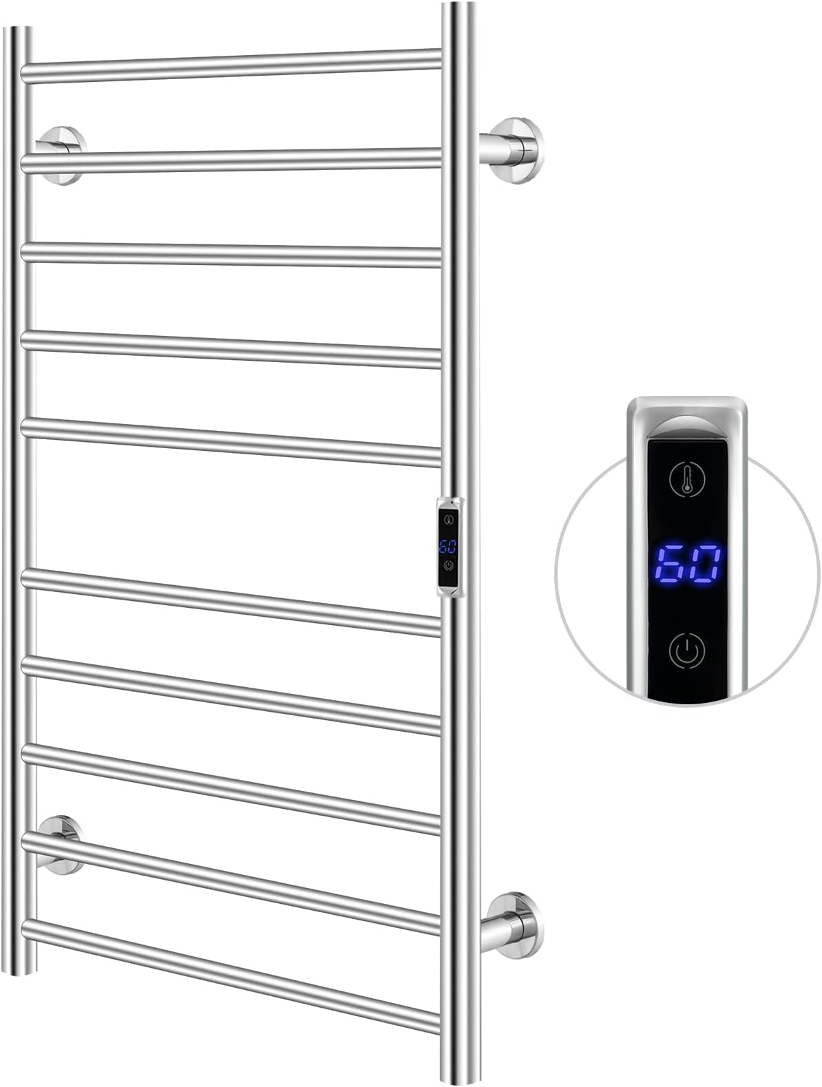 Tangkula Towel Warmer, Bathroom 10 Bars Heated Stainless Steel Towel Rack with 1-8 Hour Timer & 12-Level Adjustable Temperature, IP44 Waterproof Plug-in Wall Mounted Electric Drying Rack, Silver