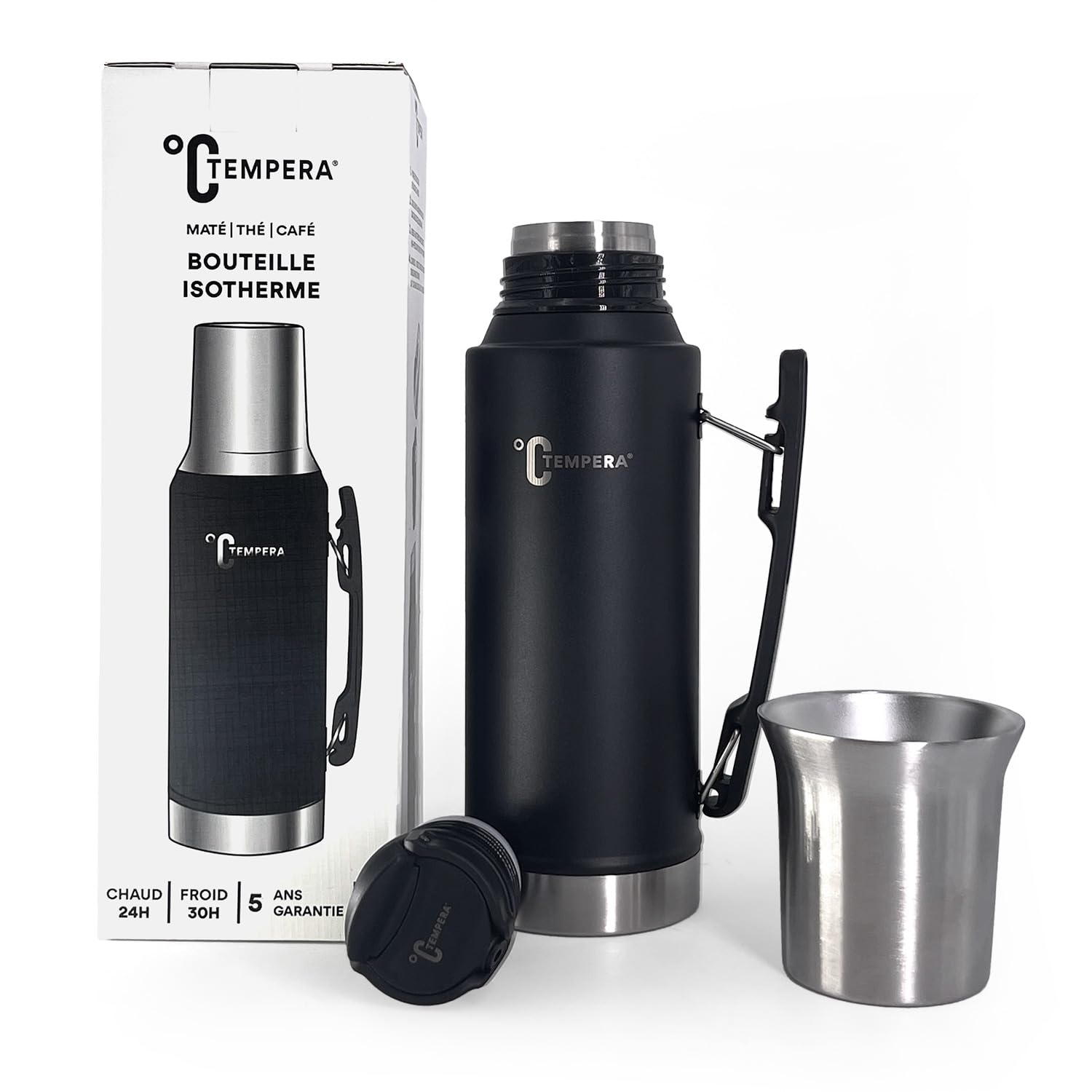 TEMPERA Termo para mate - 1L | Doble pared de acero inoxidable, sin BPA | Calabaza/Taza integrada de 240 ml | Mantiene el calor 24h, el frío 30h | Vertedor de precisión con gatillo | Mate - Té - Café