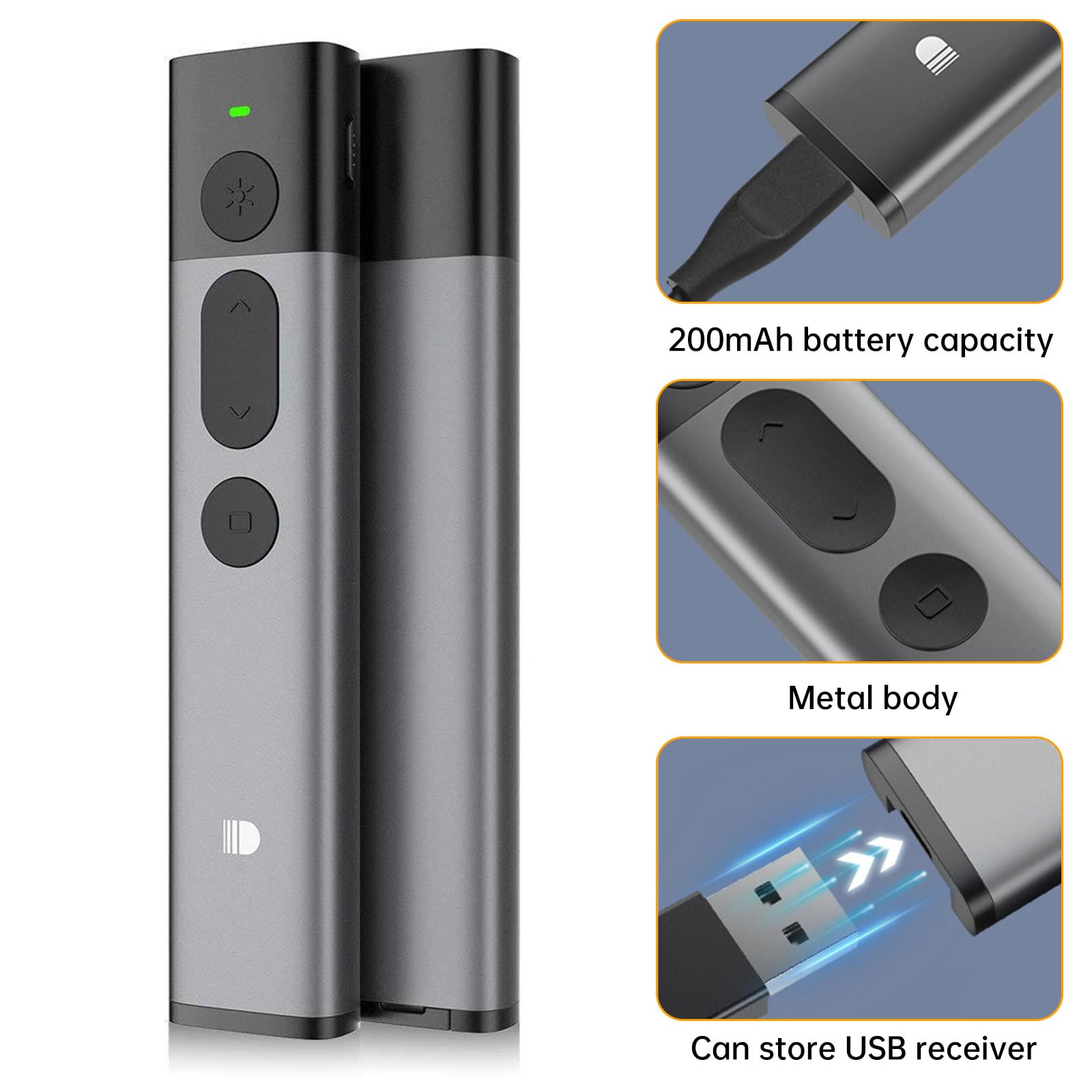 Telecomando per presentazioni wireless ricaricabile di alta qualità | Connettività a 2,4 GHz, portata di 30 m, puntatore luminoso, ricevitore USB, compatibile con PC/Mac/Android - Ideale per presentaz