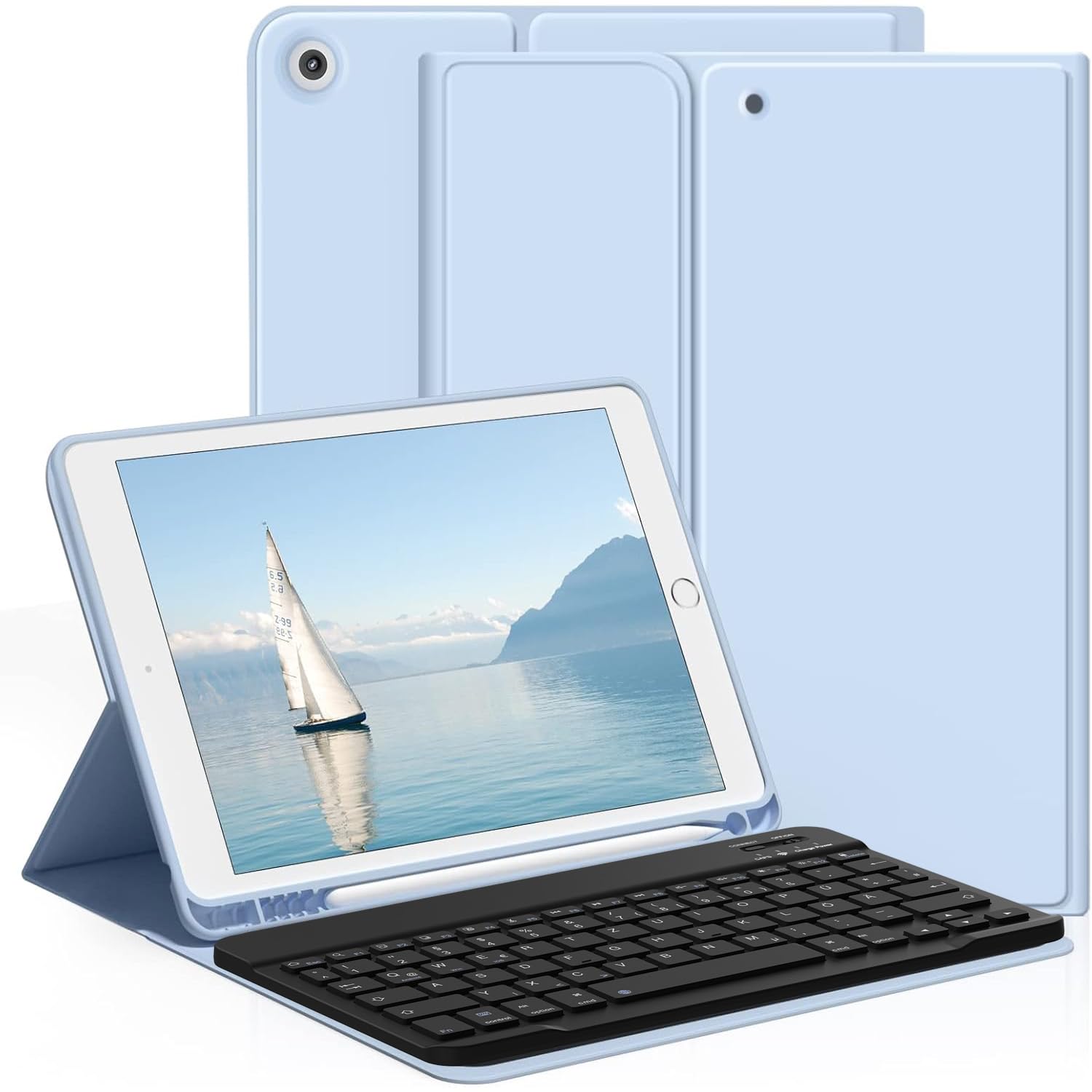 aoub Hülle mit Bluetooth Tastatur für iPad 9./8./7. Generation 10,2 Zoll 2021/2020/2019, QWERTY Layout, Folio mit Stifthalter
