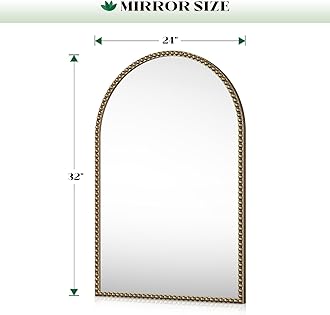 Arched Beaded Mirror for Bathroom, 24"x32" Antique Gold Arch Vanity Wall Mirror, Retro Brass Metal Frame Champagne Bronze Mirrors for Bedroom Dressing Room Entryway Fireplace