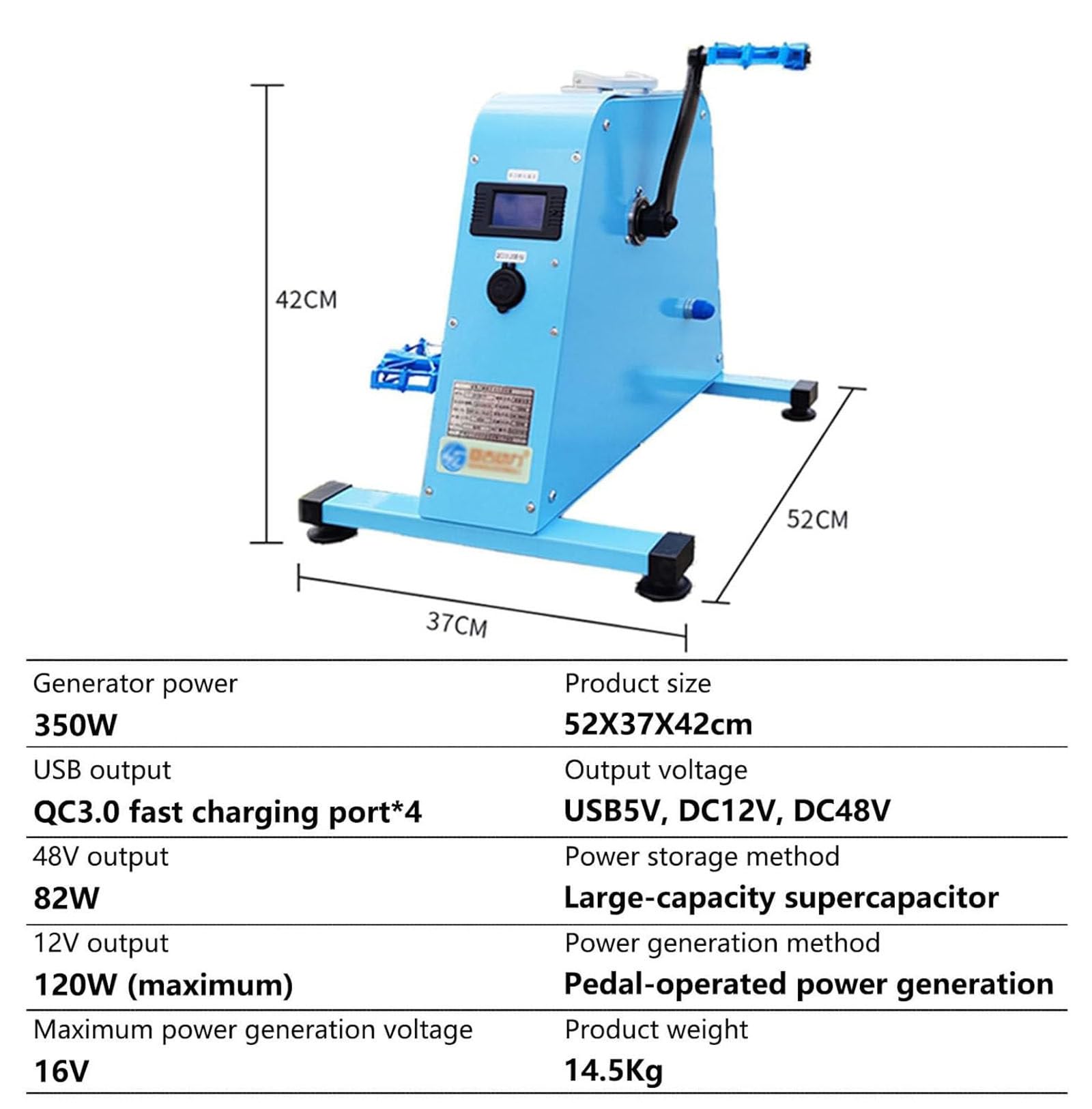 Generator pedałów 350 W, generator prądu z korbą ręczną, wyjście USB 5 V/12 V/48 V, z super jasnym światłem i wyświetlaczem ekranu