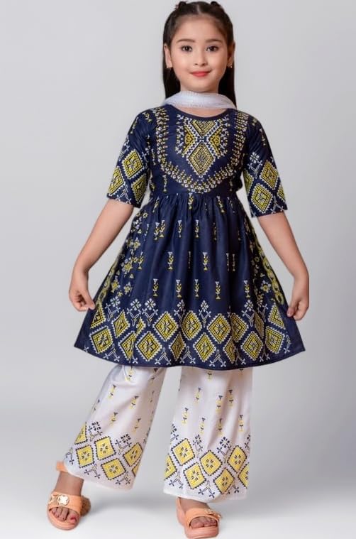 Girl's Ethnic Kurta and Straight Pant Set with Silky Dupatta