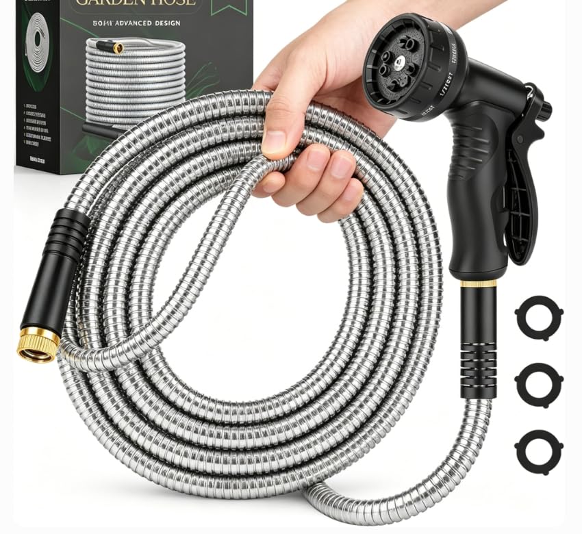 Image of CXEZSIK Garden Hose, Water Hose with 10 Function Nozzles, No Kinks, Flexible Hose, Lightweight, Puncture Proof Hose for Yard and Outdoor(51FT)