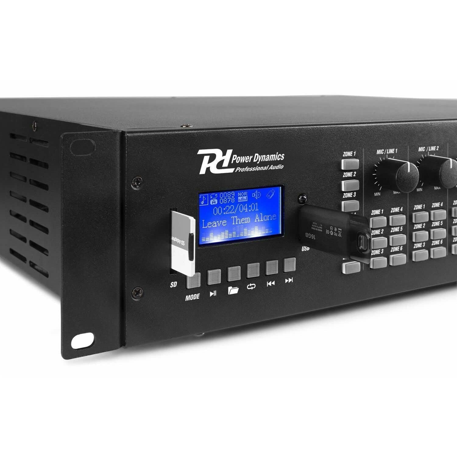 Power Dynamics PRM606 - Amplificateur Matriciel avec 6 Canaux 100 V 6x60W, Lecteur MP3/USB/SD, Technologie Bluetooth, Prises 6,35mm, Idéal pour l'Installation dans Un Bureau ou Magasin