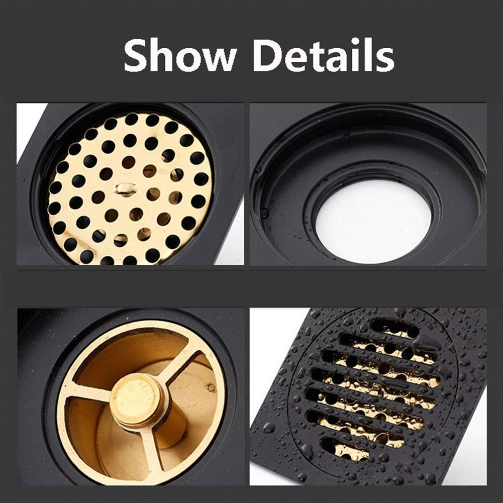 Siphon de Sol de Douche carré en Laiton de 10 cm, Couvercle Amovible, égouttoir de Salle de Bain avec Filtre à Cheveux pour Cuisine, Salle de Bain, Garage, sous-Sol, Noir (Noir A)