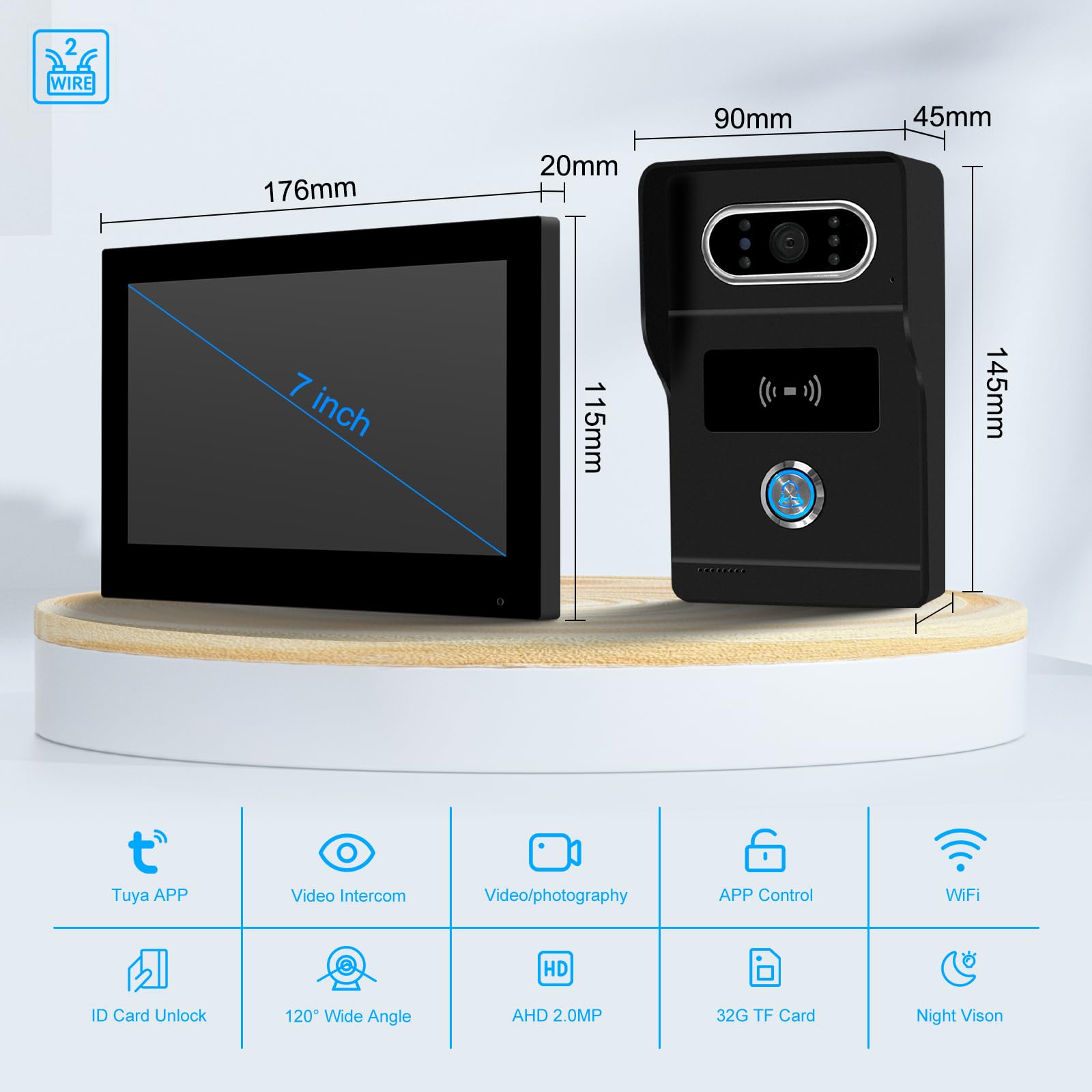 2 Fils Visiophone Connecté Filaire, Kit Interphone Vidéo WiFi Tuya avec Écran Tactile Couleur de 7", Sonnette avec Caméra 1080P Vision Nocturne IP65, Déverrouillage APP/Carte RFID