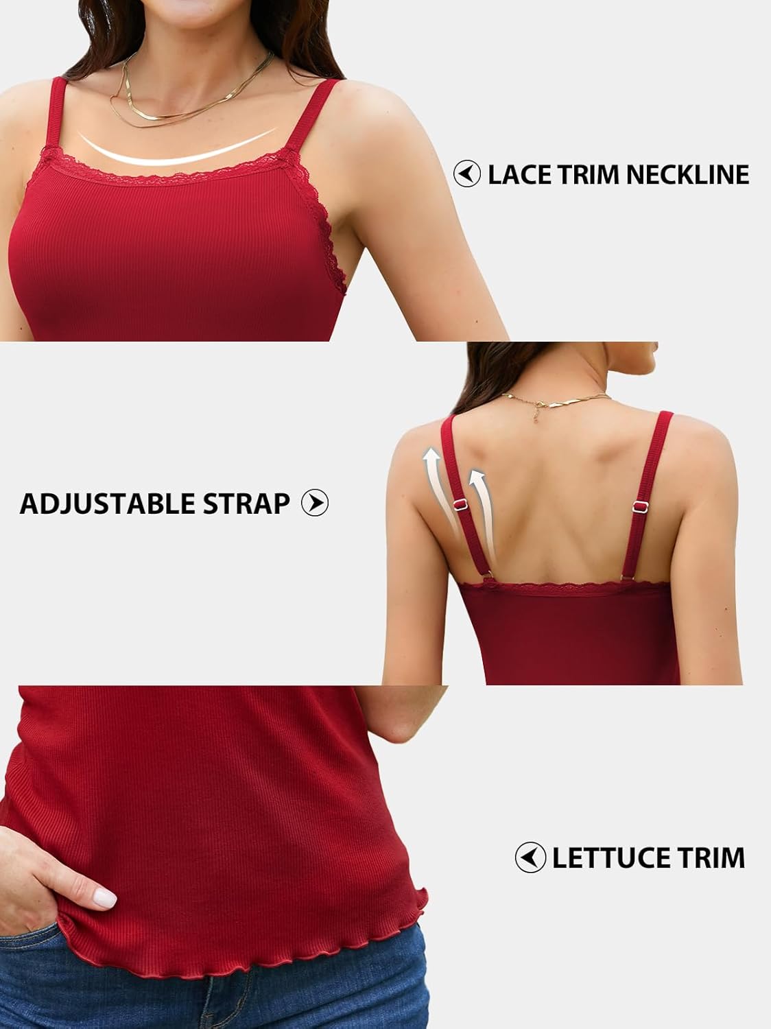 V FOR CITY Women Built-in Bra Camisoles Lace Adjustable Strap Tank Tops Ribbed Cami Undershirts - Image 3