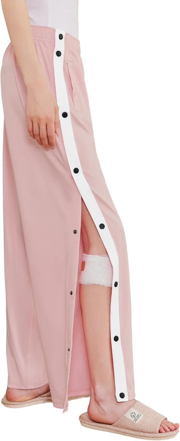 Deyeek Women's Tear Away Pants Side Split Snap Open Bottom Sweatpants Leg Breakaway Post Surgery Pants with Pockets