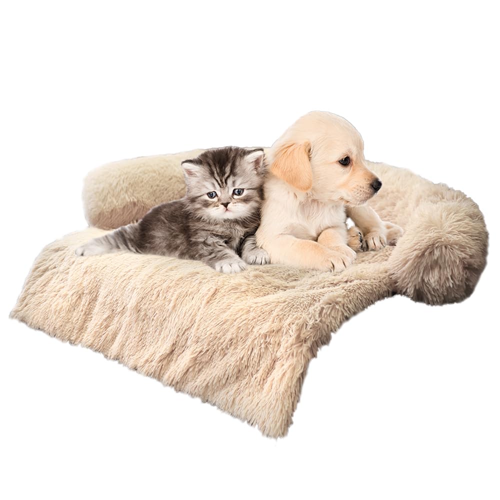 Calming Dogs/Cats Bed Mats, Dog Pad Washable Removable Couch Cover, Plush Long Fur Mat for Pets, Waterproof, Perfect for Small, Medium and Large Dogs and Cats (Beige, 34"x30"x 5.0")