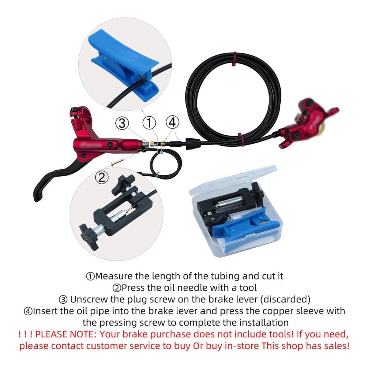 Set Freni A Disco Idraulici per E-Bike A 4 Pistoncini con Rotori da 203mm Kit Freni con Spegnimento A 2 Pin con Tubo da 2300mm/adattatore/strumenti(Red-203mm)