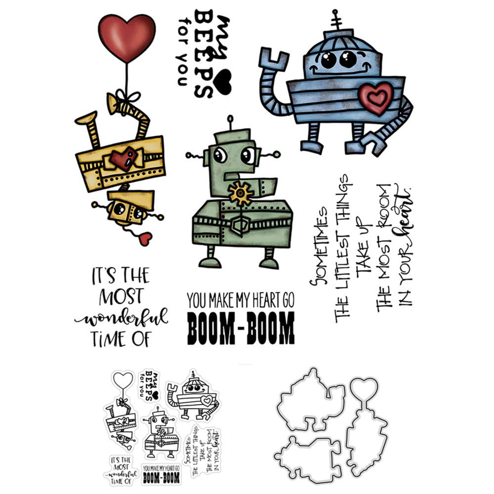 Robot Stamps and Die Cuts for Card Making Love Transparent Silicone Clear Stamp and Metal Cutting Dies Sets for DIY Scrapbooking Paper Crafting Seals Decorative Supplies — image 1
