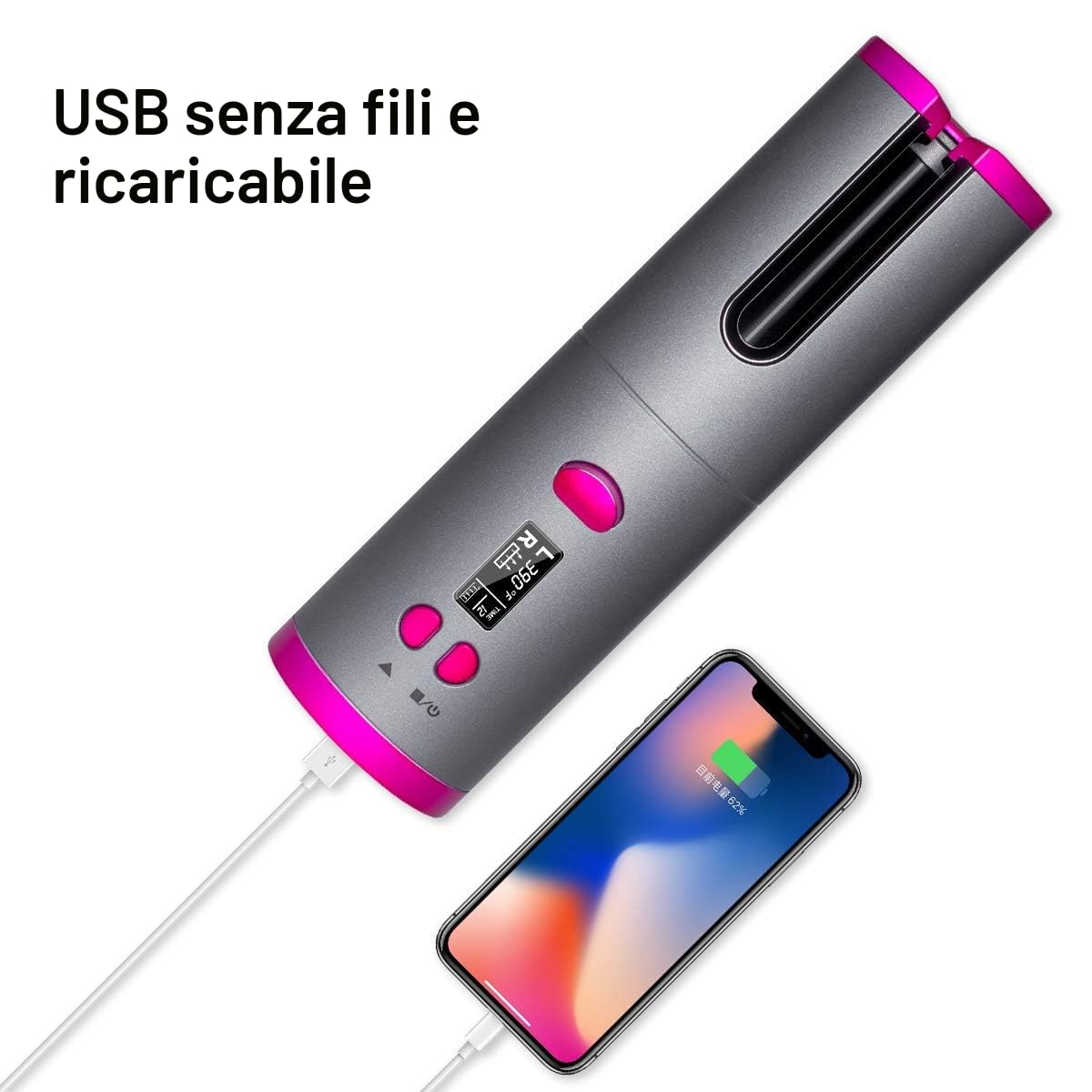 EMEBAY Ferro Arricciacapelli Automatico Senza Fili con Batteria Ricaricabile 4000mAh, Bigodino Anti-Ustioni con Timer, 6 Temperature Regolabili per Capelli Lunghi e Corti, Display LCD, Portatile