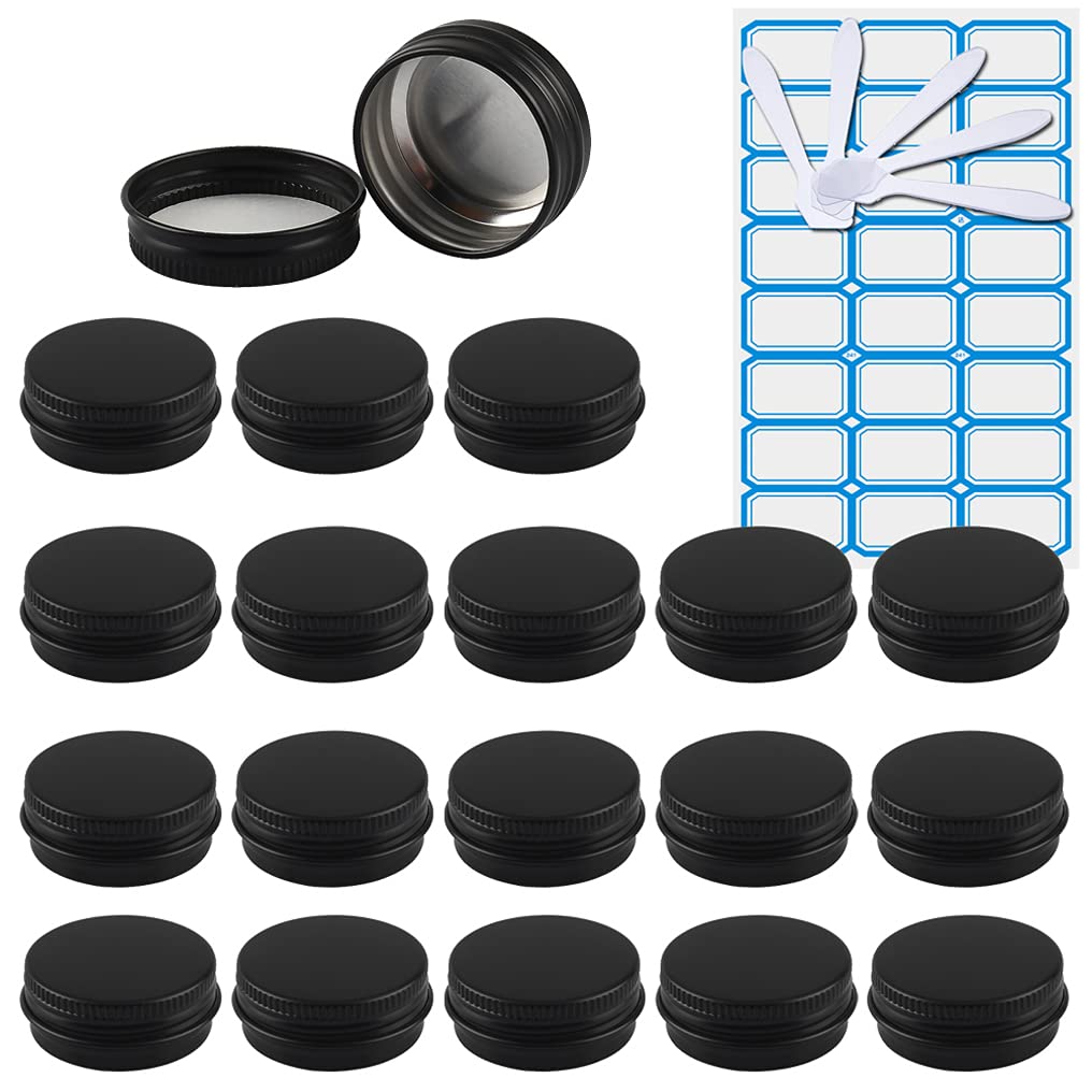 20 Pièces 15ml Pots en Aluminium Vide Rond Noir Mat Petit Cosmétiques Pot Conteneurs for Fait Main Bougies Crème Baume Voyage, 5X Spatule, 1x Étiquettes