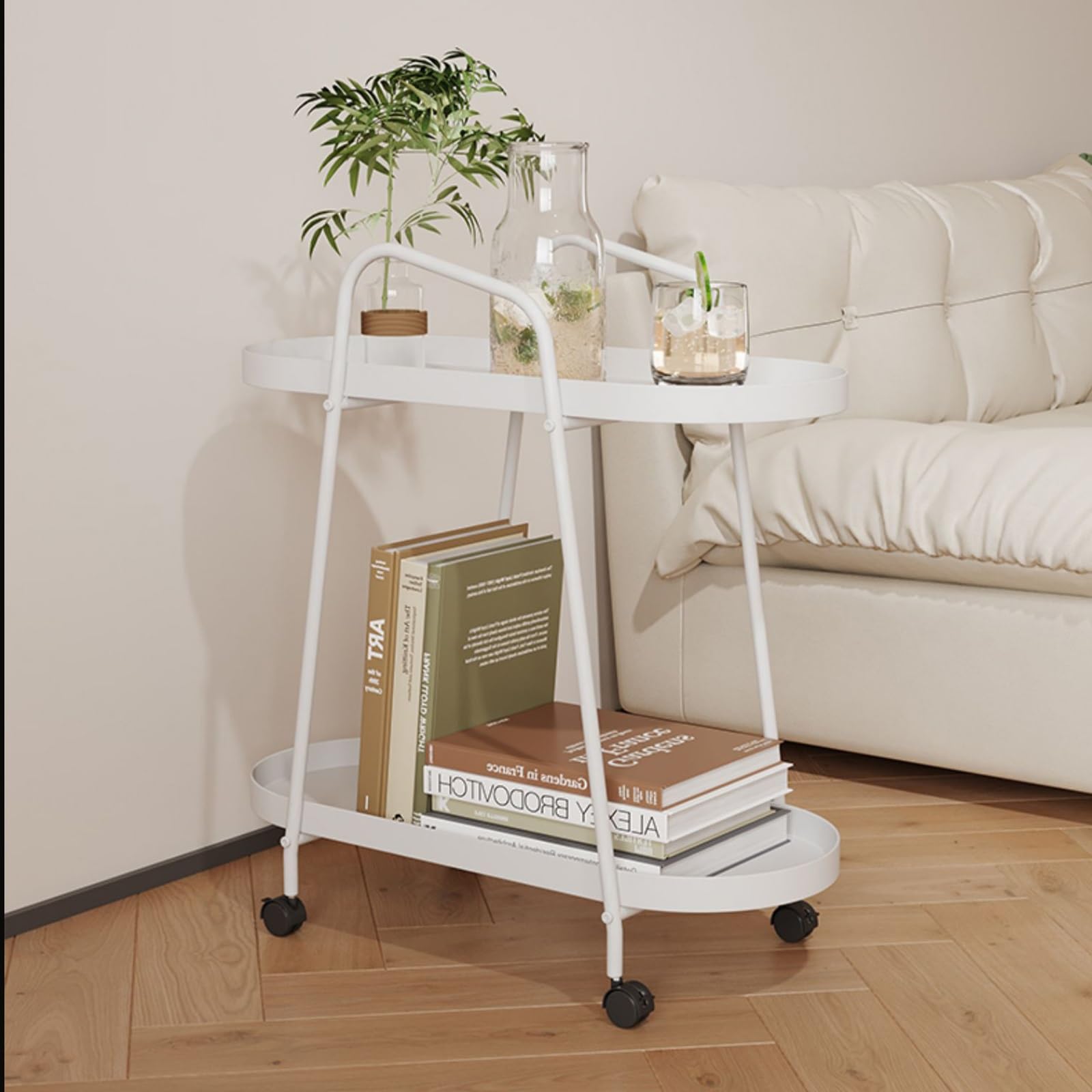 SXZenSpace Modern Mobile Side Table Double Layer Rolling End with Handrail Sofa Tables for Livingroom Bedroom(Bianco)