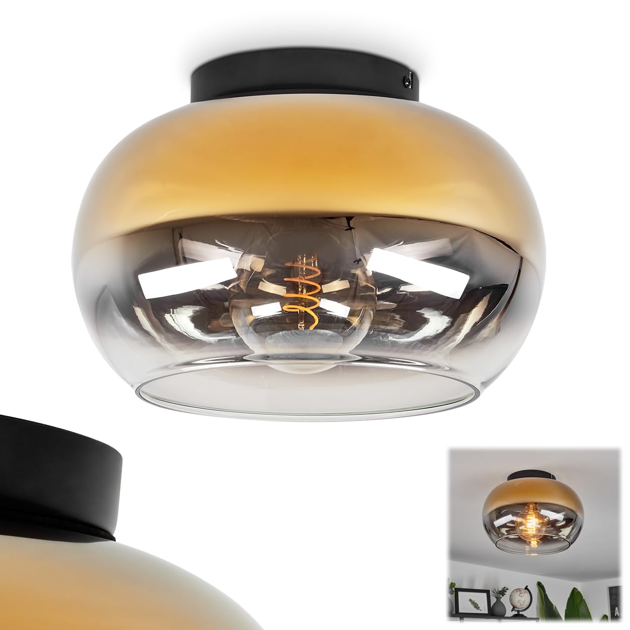 Italiaans glas plafondlamp zwart met rookglas diam 20cm - Licht & Accessoires Italiaans glas plafondlamp zwart met rookglas diam 20cm - Licht & Accessoires