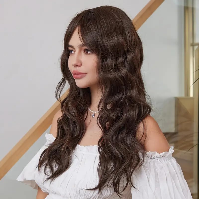 Image of Long Wavy Brown Wig with Bangs for Women | Full Head Synthetic Hair Wig | (Pack of 1) WigCap & Comb | Washable | Natural Looking Hair Loss Solution Alopecia Hair Wigs