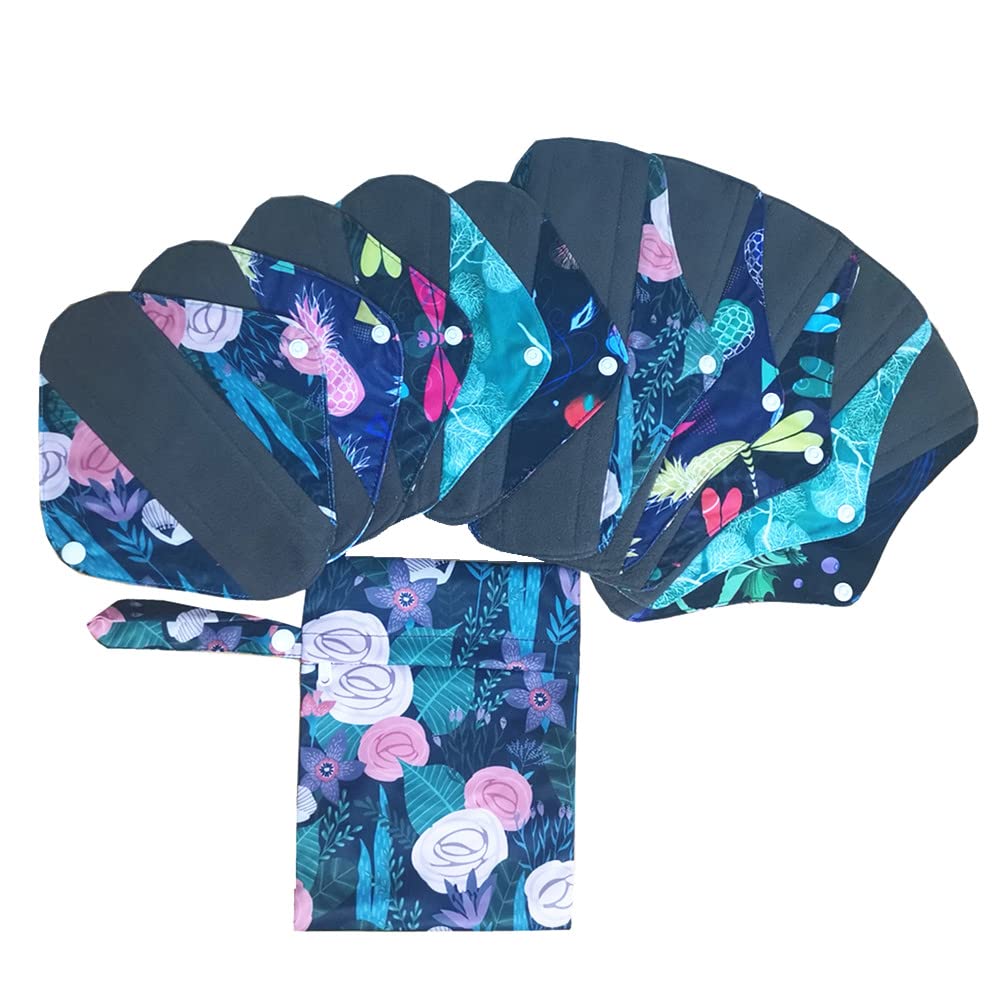 5PCS 8 Inch and 5PCS 10Inch Reusable Washable Charcoal Bamboo Menstrual Pads Sanitary Pads+1 Wet Bag