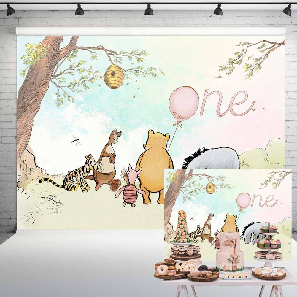 Vintage Pooh Bear Backdrop 1st Birthday Girl Watercolor Tree Pastel Sky Pink Balloon One Year Old Birthday Decorations Background Classic Pooh Cake
