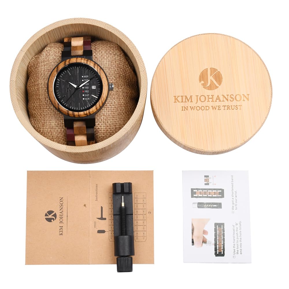 KIM JOHANSON® Holz-Edelstahl Armbanduhr *Week* für Damen und Herren | Mit Datum- & Tagesanzeige | Handgefertigt | Quarz | Analog Uhr | Vegan | Geschenk | Silber | Verstellbares Armband | Inkl Uhrenbox