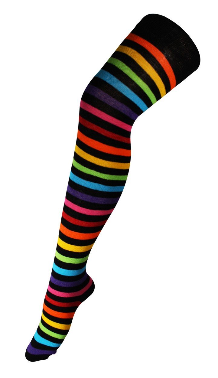 Itzu Women's Rainbow (Black) Over The Knee Thigh High Rainbow Striped Multi Colour Long Socks Pantyhose (Uk 4-7) In Black