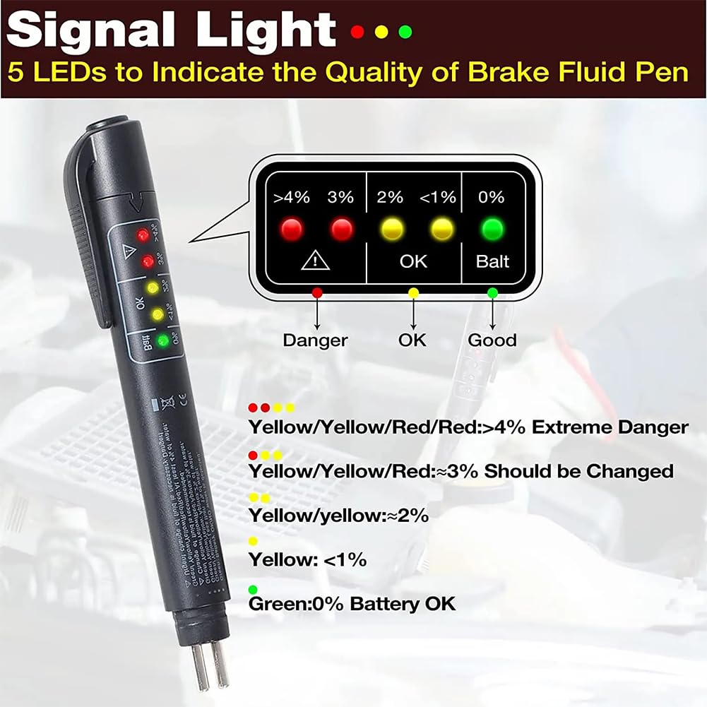 TMRBBesty Tester Liquido Freni,Tester Olio Freni,Penna Tester Liquido Freni,Tester del Liquido,con 5 LED Indicatore,Test Freni diagnostici Auto per DOT3 DOT4 DOT5,Escluse Le batterie