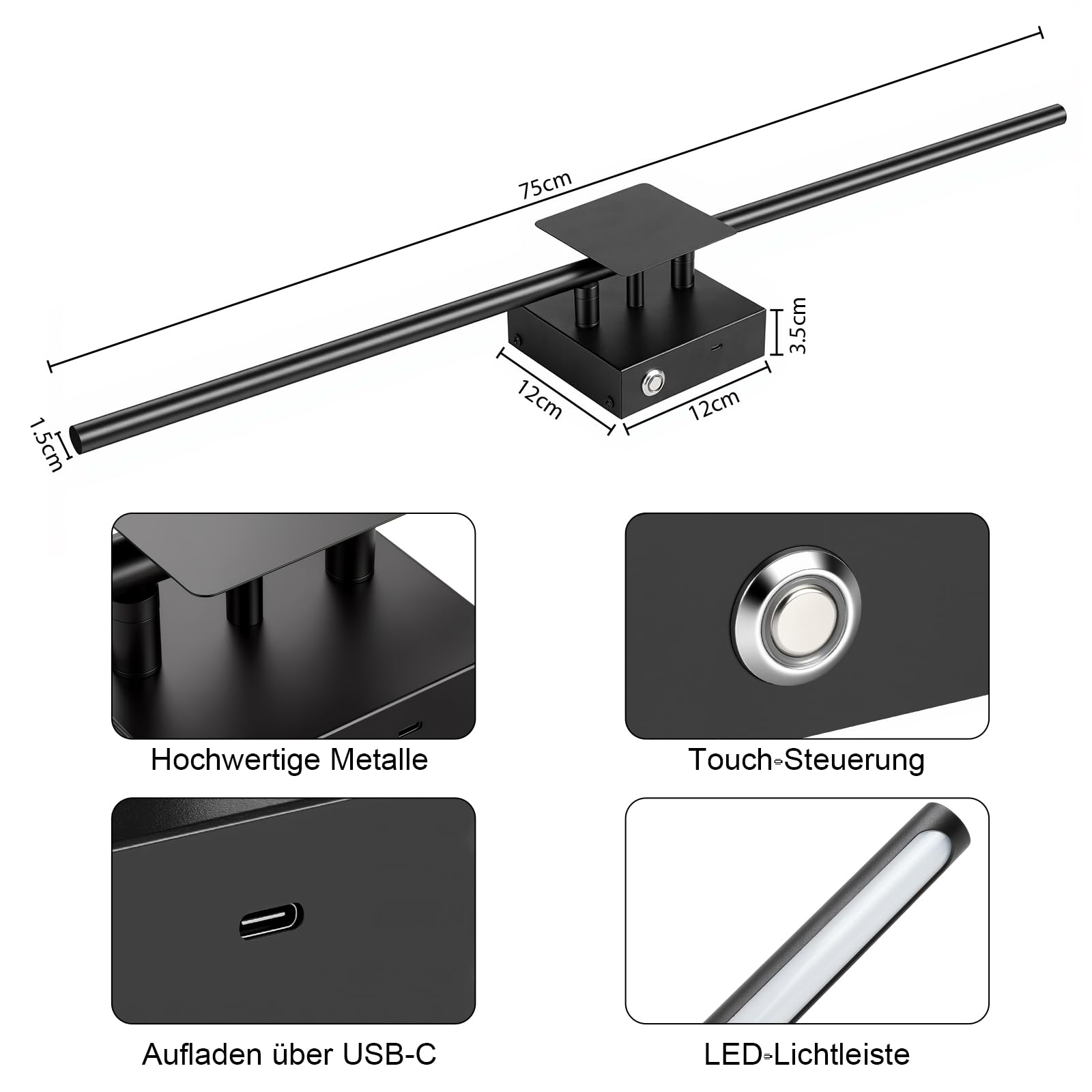 ERWEY Lot de 2 Applique Murale Intérieure, Lampe Murale Sans Fil Noir, Lampe Murale Chambre avec Télécommande, 3 Températures de Couleur & Dimmable, pour Chambre, Salon