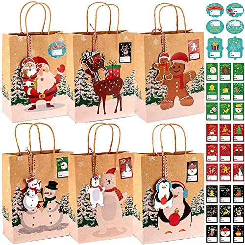 Evance Sacs de Cadeau de Noël, 24 Sachets Kraft Papier + 33 Autocollants + 24 Etiquettes Carte de Noël – Sac Cadeau Noël pour Bonbons Cadeaux de Noël, Mariage, Fête (23 x 9 x 18cm)