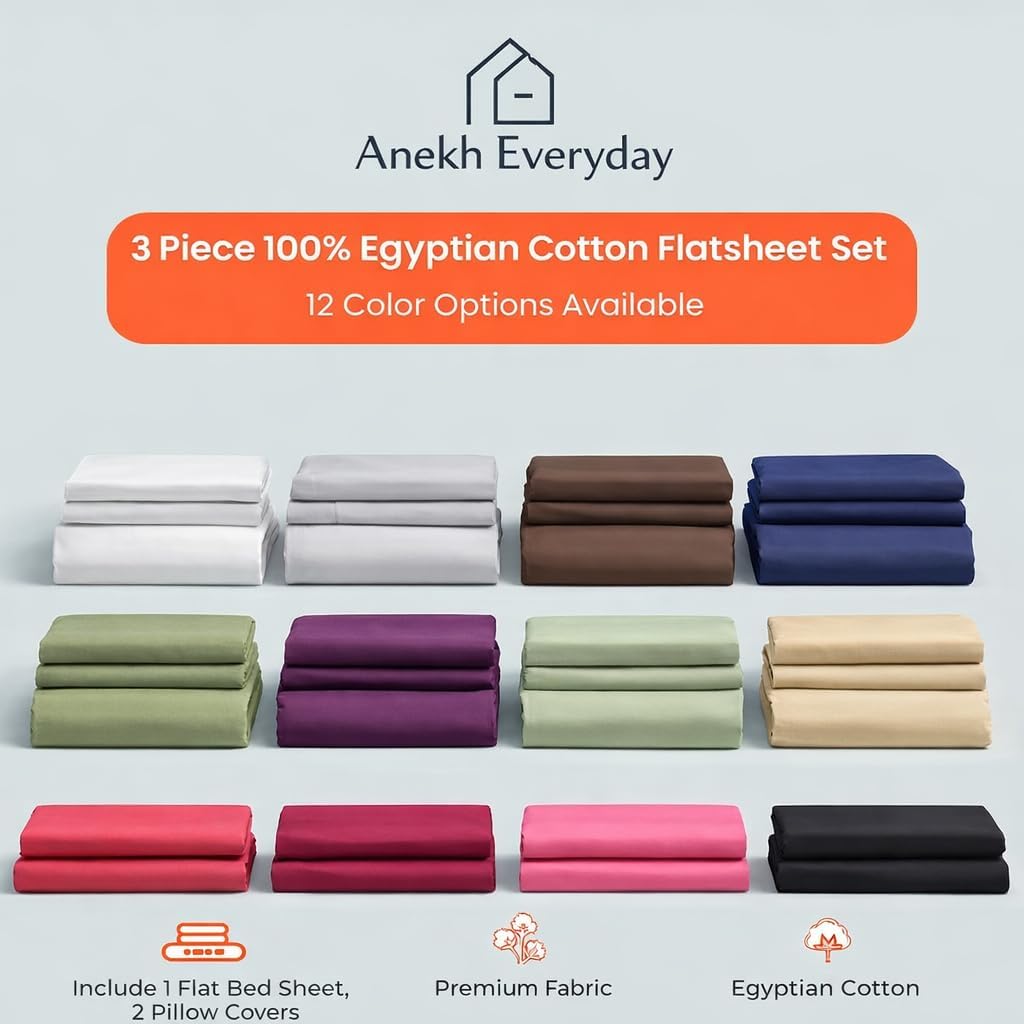 3 Piece Flat Sheet Set 100% Egyptian Cotton Flat Sheet - Twin 66"x96" / 2 Pcs Pillow Cover 20"x26" 1000 Thread Count - Soft Breathable, Wrinkle-Free, Fade-Resistant Flat Bed Sheet | Sage