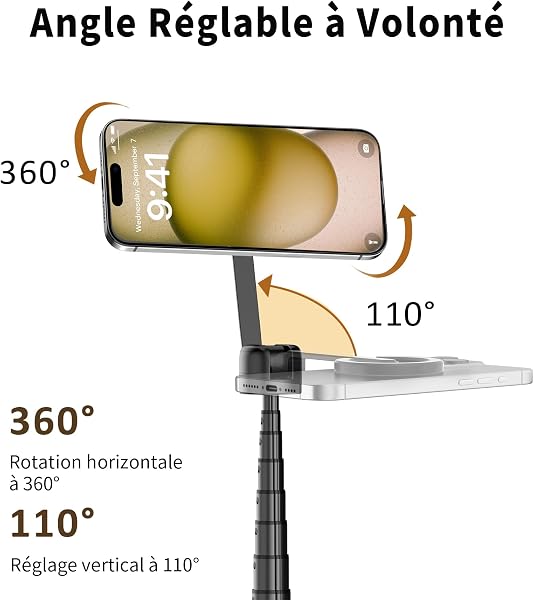 TONEOF 173cm Perche Selfie Magnétique Trépied,Fixations en Aluminium pour Magsafe, Rotatif à 360°,Trépied Voyage Rétractable avec Anneau Métallique&Télécommande-Noir Violet - 5