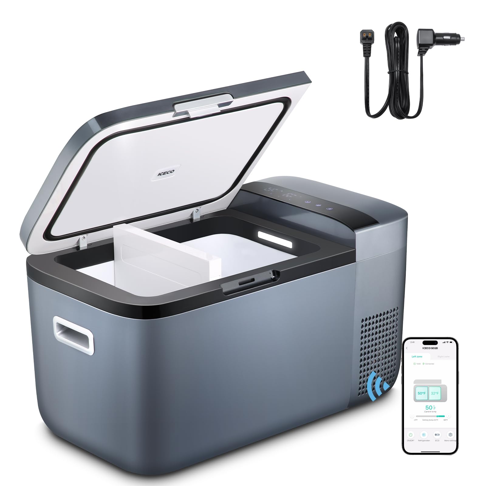 ICECO GO20 Dual Zone 12V Refrigerator, 21Qt/20L Portable Refrigerator powered by SECOP, APP Control 0?-50? 12/24VDC&110-240VAC, Mini Cooler Compact Freezer for Home&Outdoor |Grey with Upgrade DC Cord