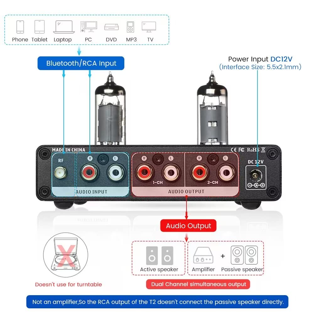 AIYIMA T2 6K4 - Preamplificador de tubo biliar al vacío Bluetooth 5.0 QCC3034 estéreo HiFi Preamplificador Aptx Preamplificador con alto sonido de bajo midio para altavoces activos de audio en casa