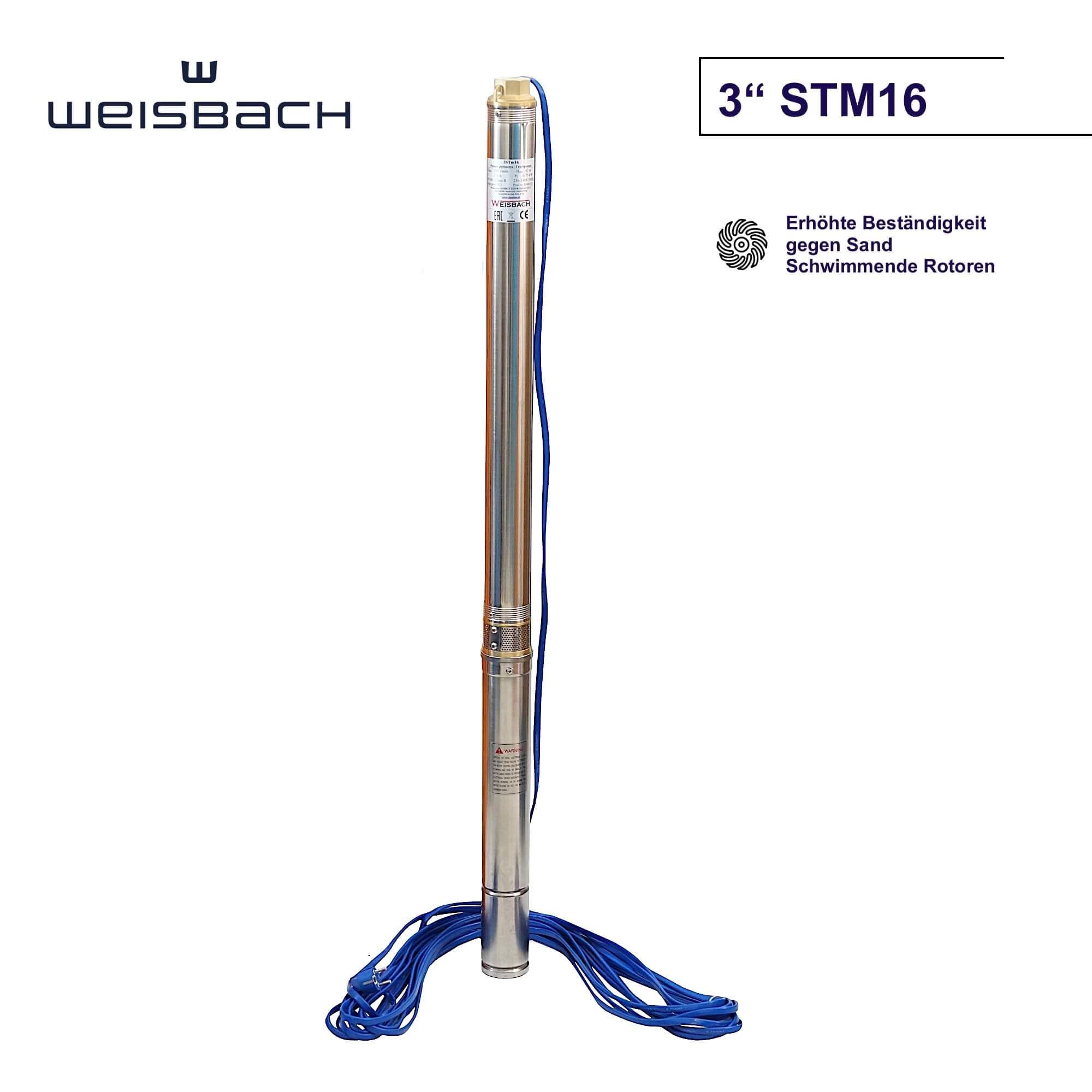 3" WEISBACH Tiefbrunnenpumpe 3STM16 0,75kW 6000l/h 6,2bar sandverträglich <5%