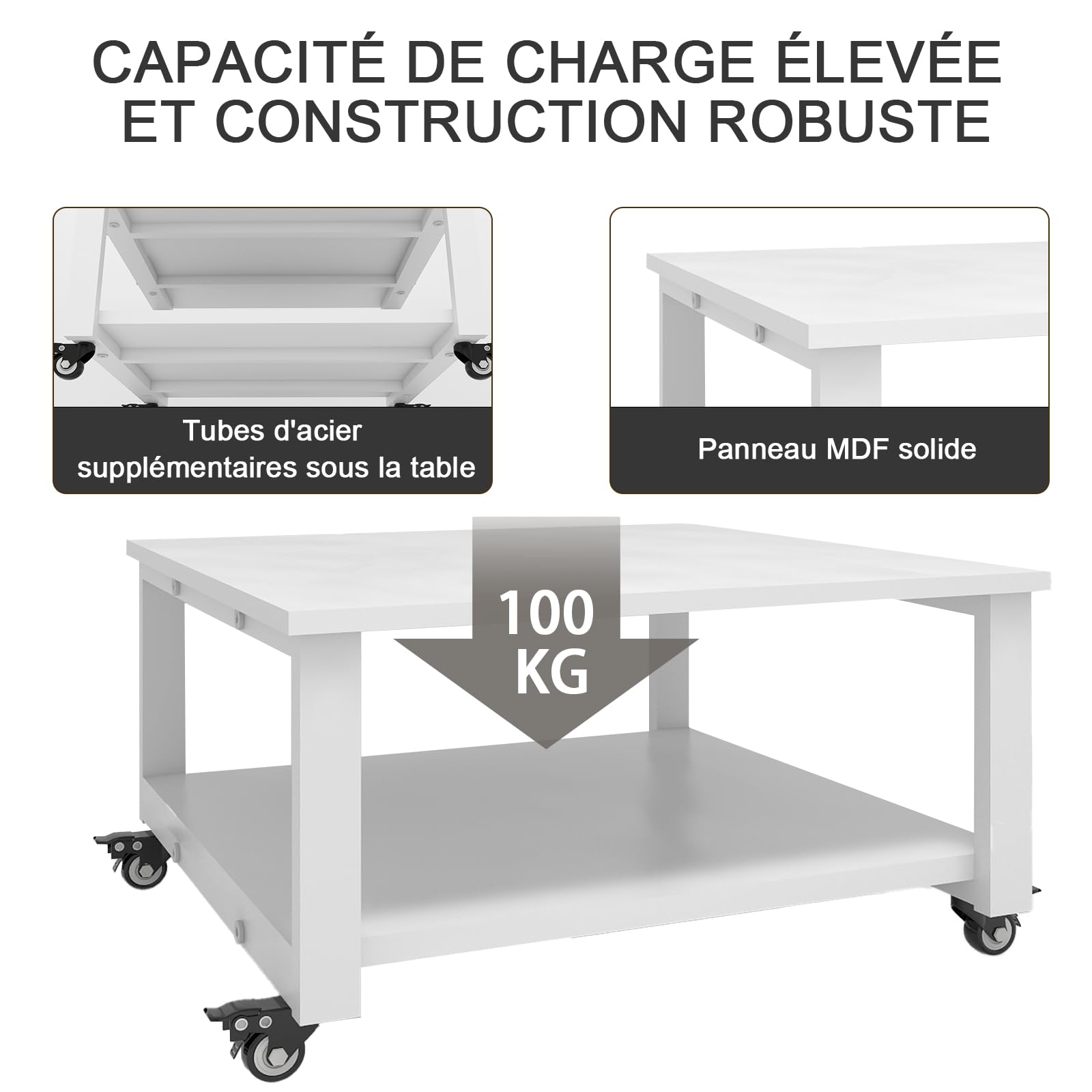PUNCIA Support d’Imprimante à 2 Niveaux Meuble Imprimante 60x60x32,5CM | Table Roulante Robuste Chariot Mobile avec Roulette Étagère de Rangement Organisateur de Stockage pour Maison Bureau (Blanc)