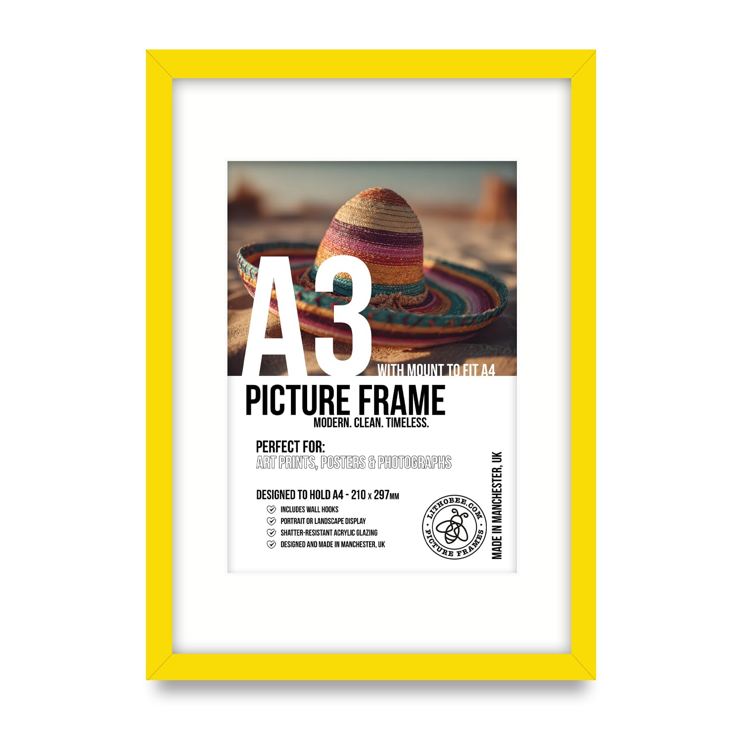 Lithobee Premium Yellow A3 Picture Frame with Mount