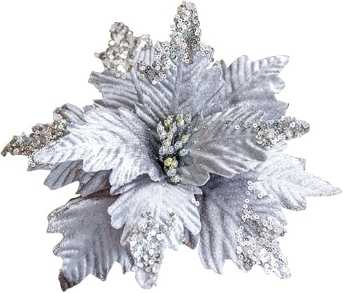 Miniatura 12 de 6 adornos para árbol de Navidad con purpurina para árbol de Navidad, flores artificiales de Navidad, accesorios florales, flores de franela