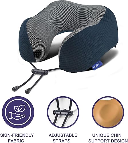 napfun Neck Pillow for Traveling, Upgraded Travel Neck Pillow for Airplane 100% Pure Memory Foam Travel Pillow for Flight Headrest Sleep, Portable Plane Accessories, Light Grey(Deep Blue (Luxury Sets- With Eye Mask&earplugs))