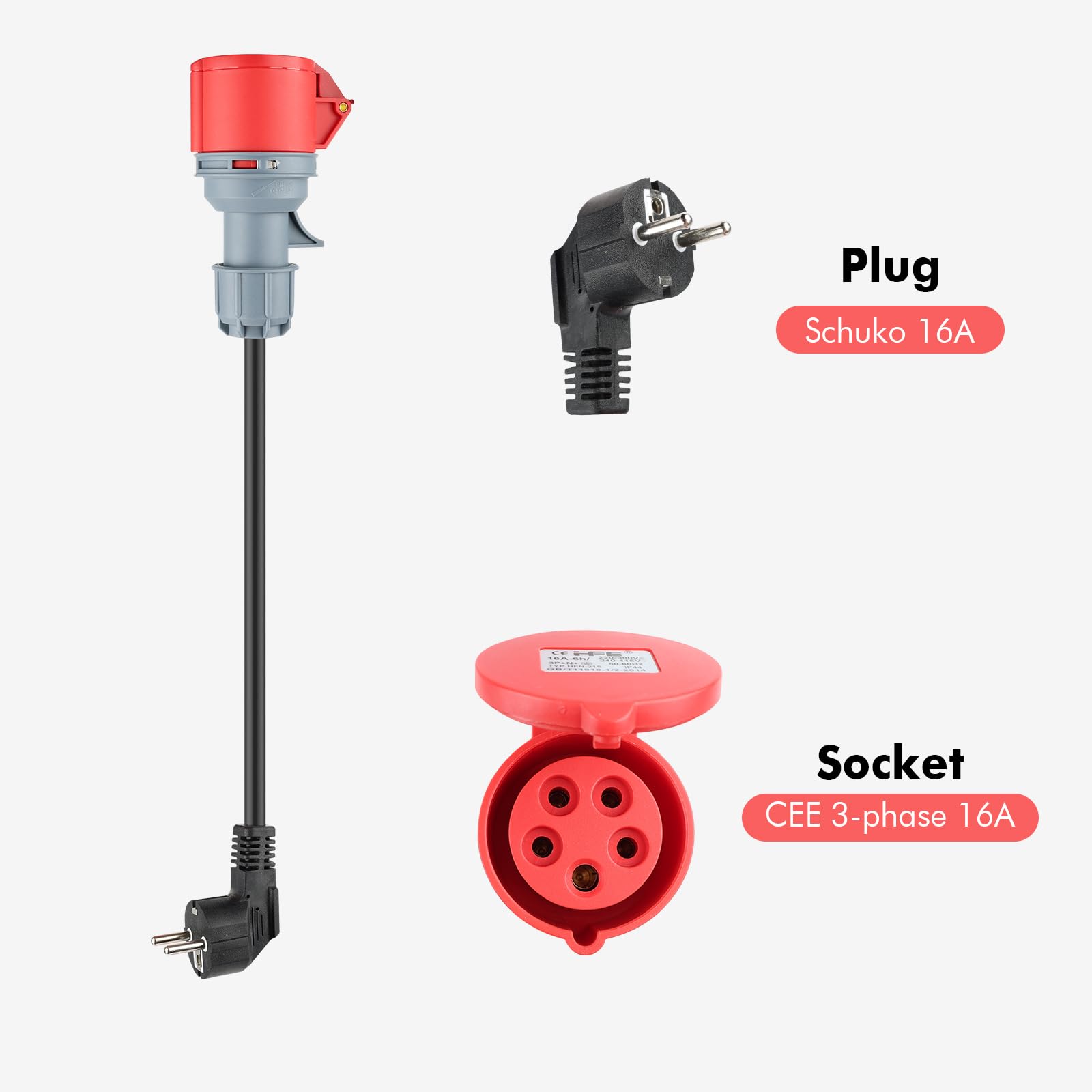 3 adattatori CEE con spina Schuko, set di adattatori CEE 16 A, 5 poli | Per presa CEE rossa 32 A/CEE blu 16 A/230 V, 3 x 2,5 mm² H07RN-F 16 A, set adattatore di corrente da campeggio